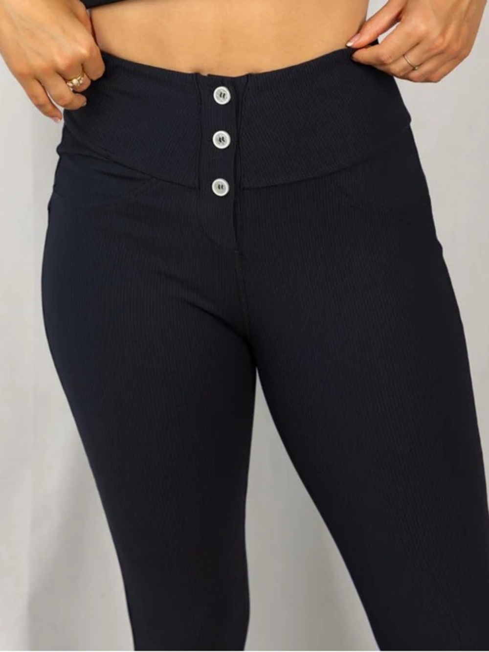 white birch Black High-Waist Ribbed Button-Front Pants
